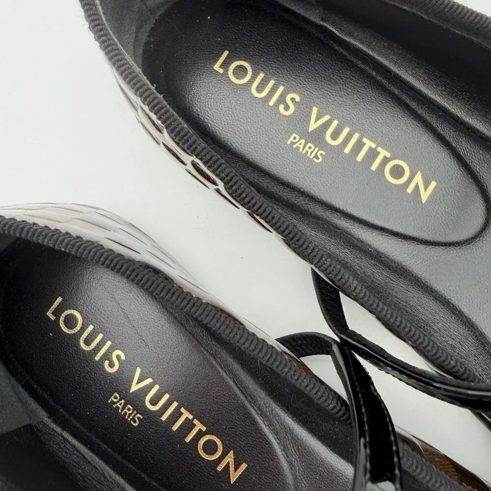 LOUIS VUITTON Romy Maryjane Ballet Flat Size 38 Damier Black Brown Leather